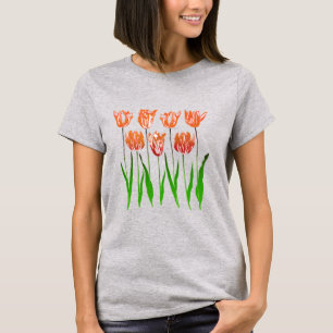 T-shirt Tulip Garden Imprimer dans Coral Orange et Vert T-