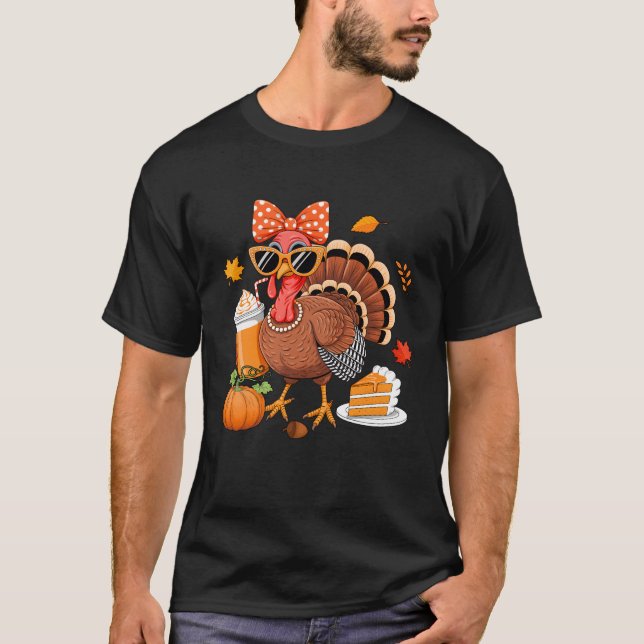 T-shirt Turkey Drinking Coffee Bow Thanksgiving Womens Tur (Devant)