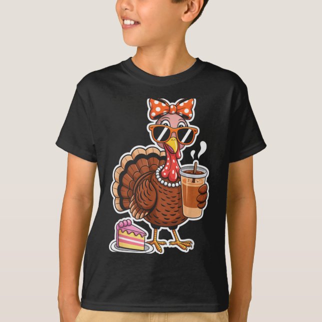 T-shirt Turkey Drinking Coffee Bow Thanksgiving Womens Tur (Devant)