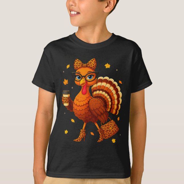 T-shirt Turkey Drinking Coffee Thanksgiving Leopard Women  (Devant)