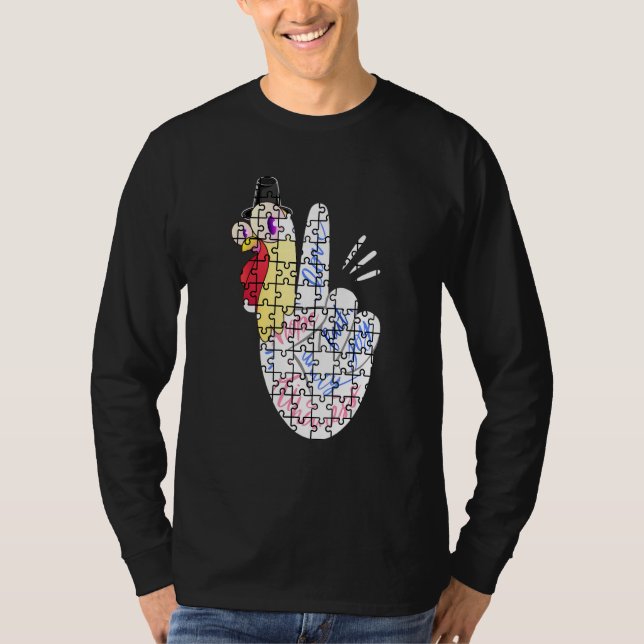 T-shirt Turkey Peace Hand Sign Puzzle Autism Thanksgiving  (Devant)