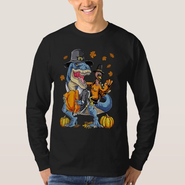 T-shirt Turkey Riding Dinosaur rex Thanksgiving  Pilgrim B (Devant)