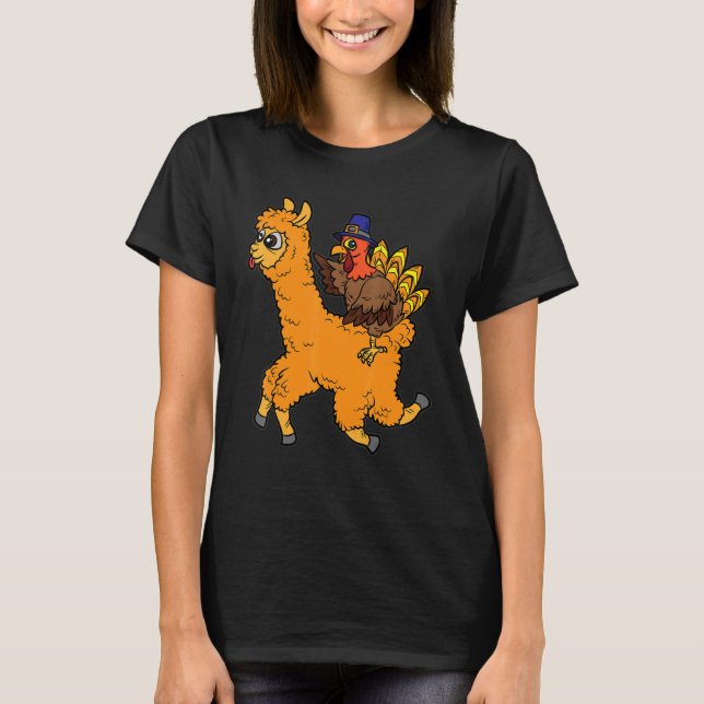 T-shirt Turkey Riding Llama Thanksgiving Day Animal Fall A (Devant)