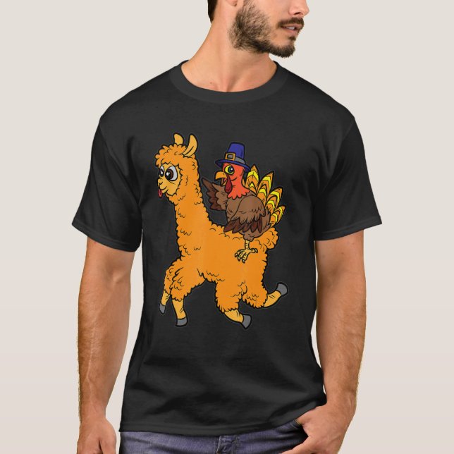 T-shirt Turkey Riding Llama Thanksgiving Day Animal Fall A (Devant)