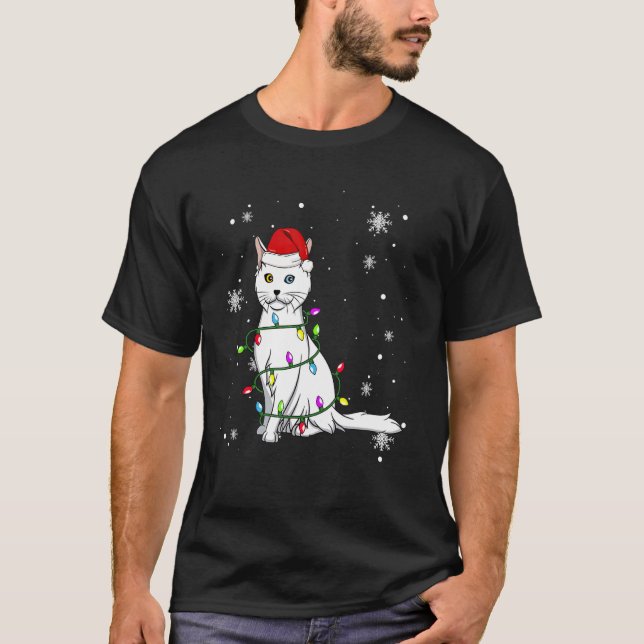 T-shirt Turkish Angora Cat Christmas Lights Christmas Cat  (Devant)