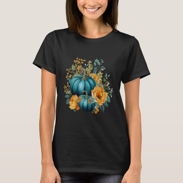 T-shirt Turquoise Automne Citrouille Floral Automne Harves (Devant)