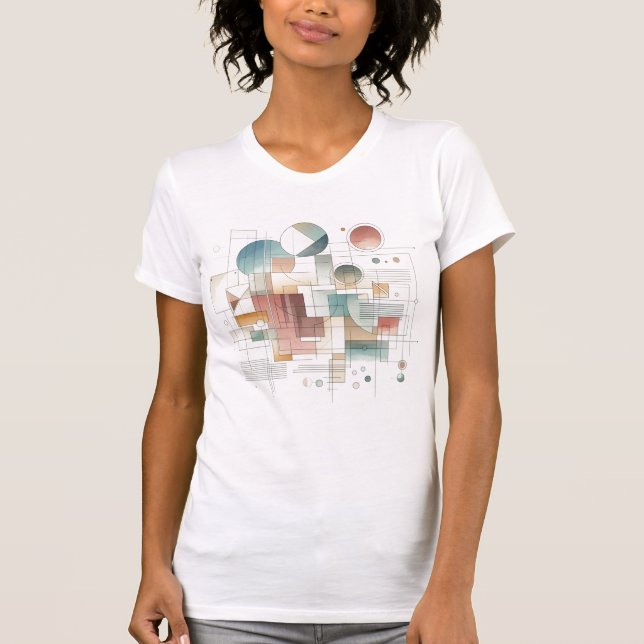 T-shirt Turquoise Gris Bleu Beige Roue Rouge Abstrait Art  (Devant)