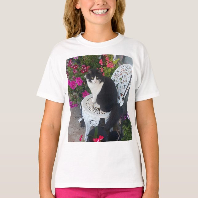 T-shirt Tuxedo Cat Cute Pretty Flowers Black Cats Girls (Devant)