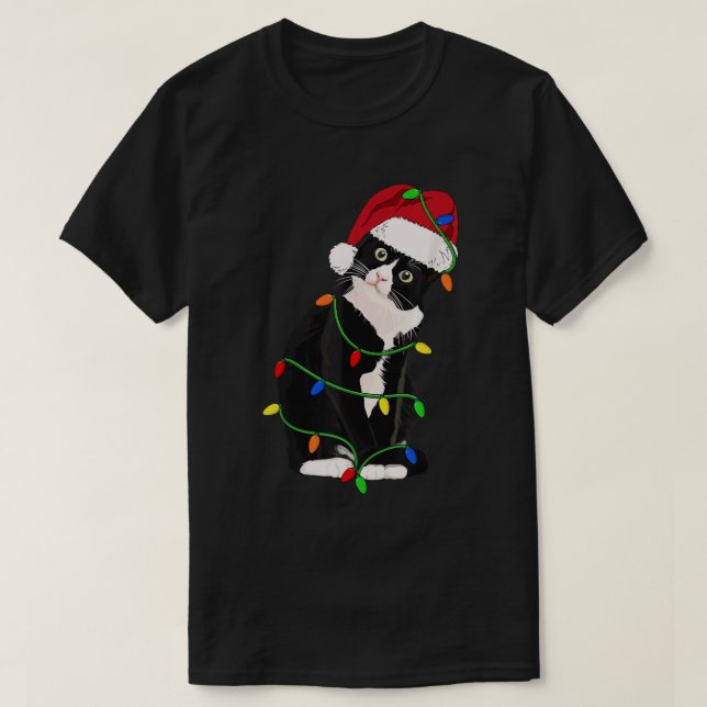 T-shirt Tuxedo Cat Meow Père Noël Tuxie Feux d'arbre de No (Design devant)