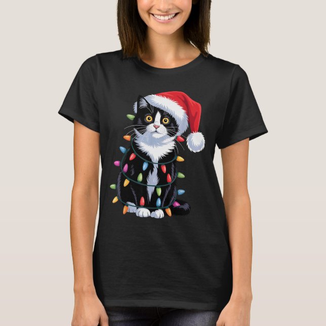 T-shirt Tuxedo Cat Meow Santa Tuxie Christmas Tree  (Devant)