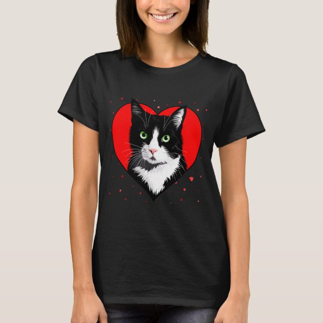 T-shirt Tuxedo Cat Valentine Heart For Kitten And Animal L (Devant)
