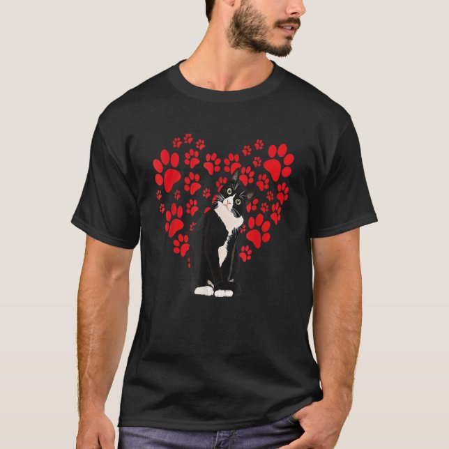 T-shirt Tuxedo Cat Valentine Heart Paw For Kitten And Cat  (Devant)