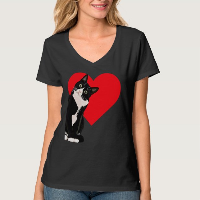 T-shirt Tuxedo Cat Valentine's Day Heart Cat (Devant)
