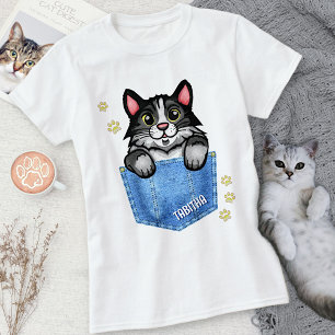 T-shirt Tuxedo Chat à Faux Denim Poche avec nom personnali