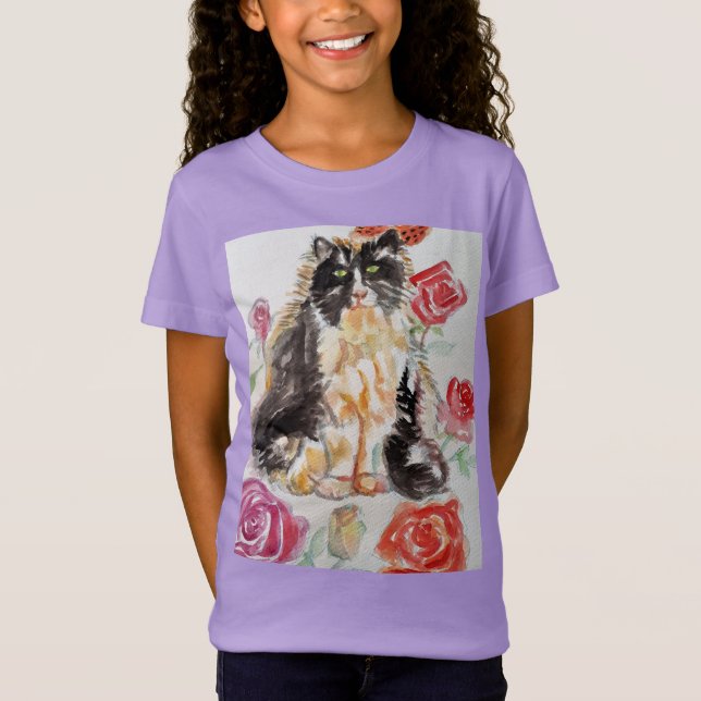 T-Shirt Tuxedo Chat Cute Rose Fleurs Chats Aquarelle Rose (Devant)