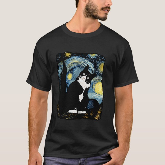 T-shirt Tuxedo Chat Starry Nuit Van Gogh Chat Chat Art Cha (Devant)
