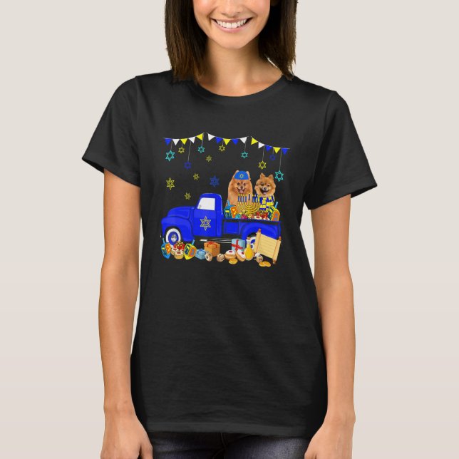 T-shirt Two Hanukkah Pomeranians On Pickup Truck With Meno (Devant)