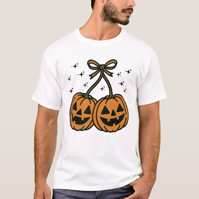 T-shirt Two Kawaii Jack-O'-Lantern Pumpkins with Bow (Devant)