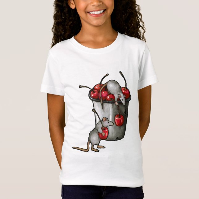 T-Shirt Two MICE Stealing Cherries, Bucket of Cherries Art (Devant)