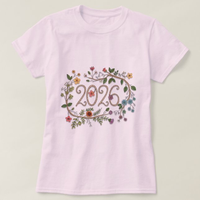 T-shirt Typographie botanique 2026 avec vignes fleuries  (Design devant)