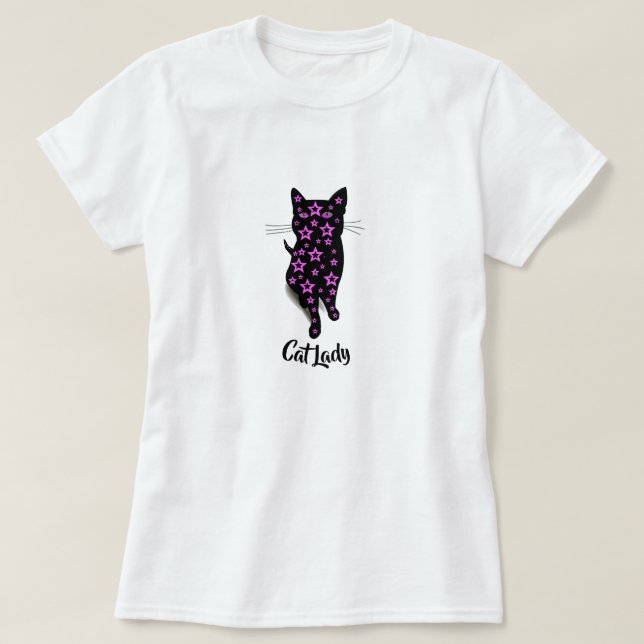 T-shirt Typographie de dame de chat avec étoiles roses et  (Design devant)