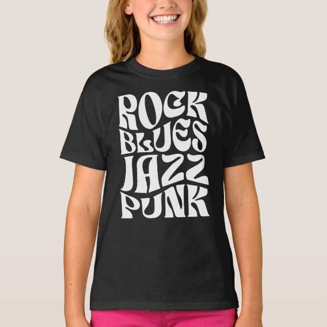 T-shirt Typographie Rock, Blues, Jazz, Punk (Devant)