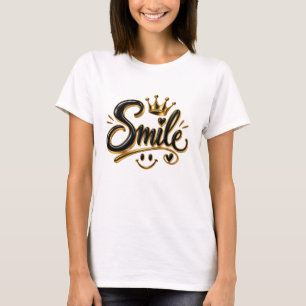 T-shirt Typographie Sourire Doré Luxueux avec Couronne