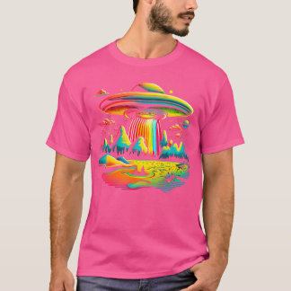 T-shirt Ufo Alien Retro Bright Mountain Lake Visite de cam