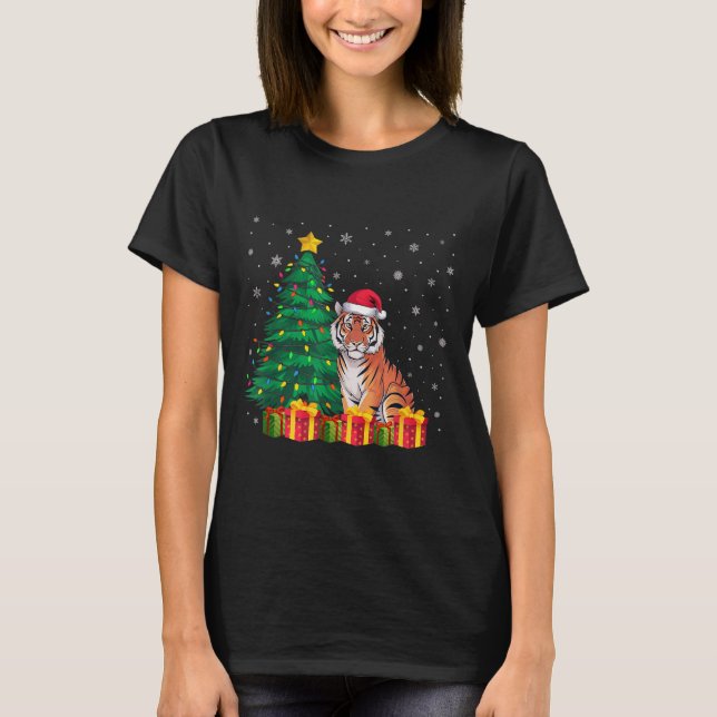 T-shirt Ugly Bengal Tiger Santa Hat Christmas Tree Lights  (Devant)
