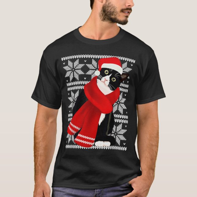 T-shirt Ugly Christmas Black Cat Santa Hat F Holiday Cute  (Devant)