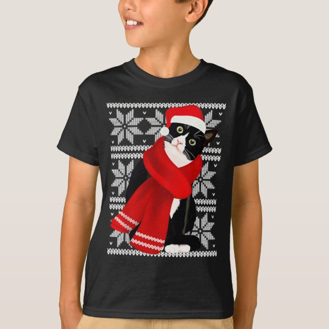 T-shirt Ugly Christmas Black Cat Santa Hat F Holiday Cute  (Devant)