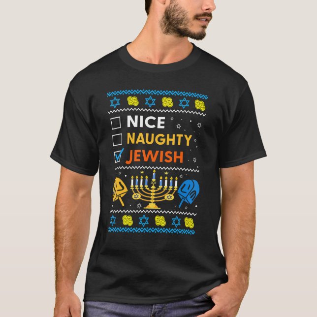 T-shirt Ugly Hanukkah Sweater Nice Naughty Jewish Kids Gir (Devant)