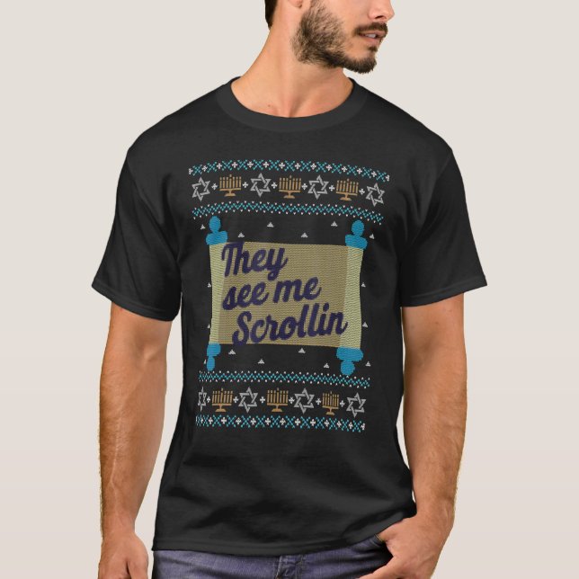 T-shirt Ugly Hanukkah Sweater  See Me Scrollin (Devant)