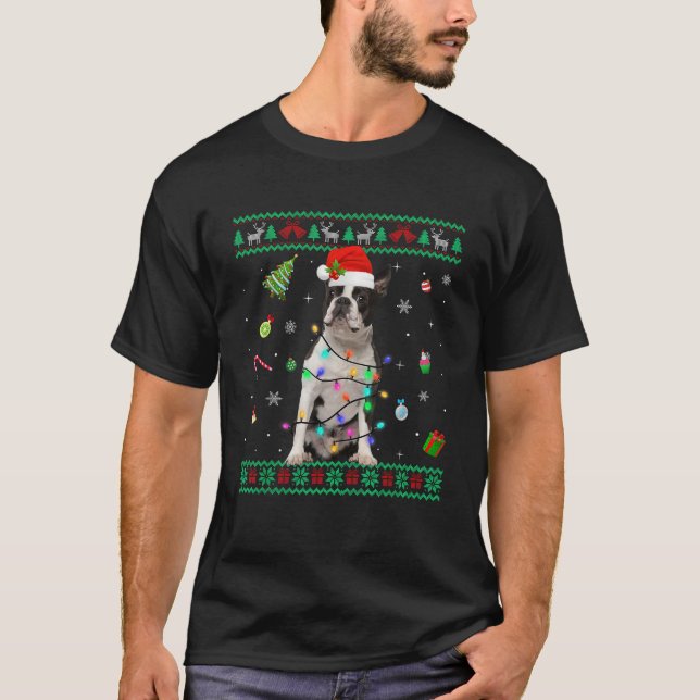 T-shirt Ugly Sweater Boston Terrier Dog Christmas Lights S (Devant)