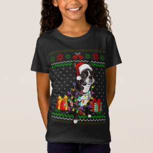 T-Shirt Ugly Sweater Christmas Lights Boston Terrier Dog L