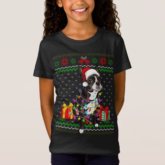 T-Shirt Ugly Sweater Christmas Lights Boston Terrier Dog L (Devant)