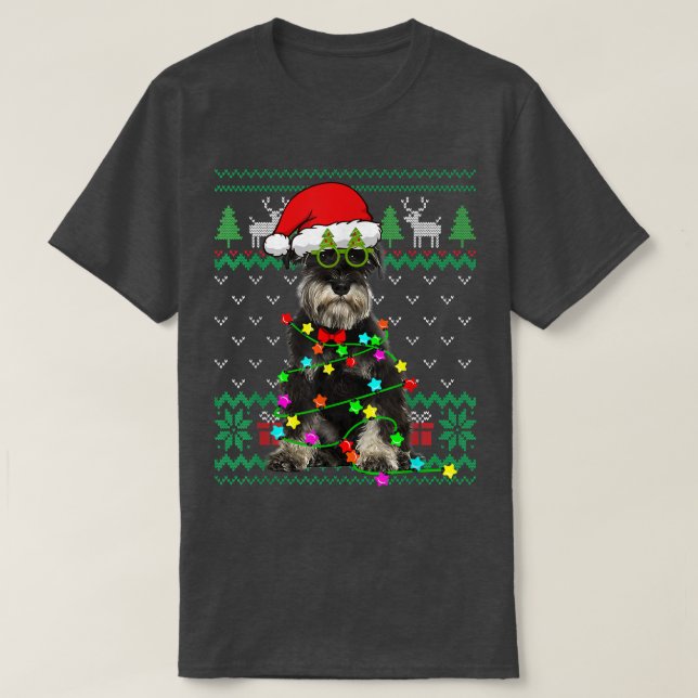 T-shirt Ugly Sweater Christmas Lights Schnauzer Dog Puppy  (Design devant)