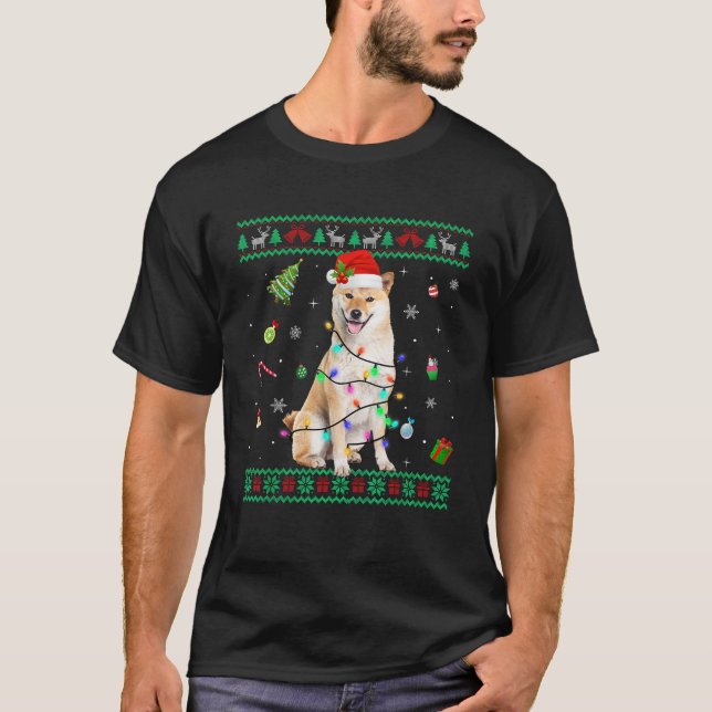 T-shirt Ugly Sweater Shiba Inu Dog Christmas Lights Santa  (Devant)