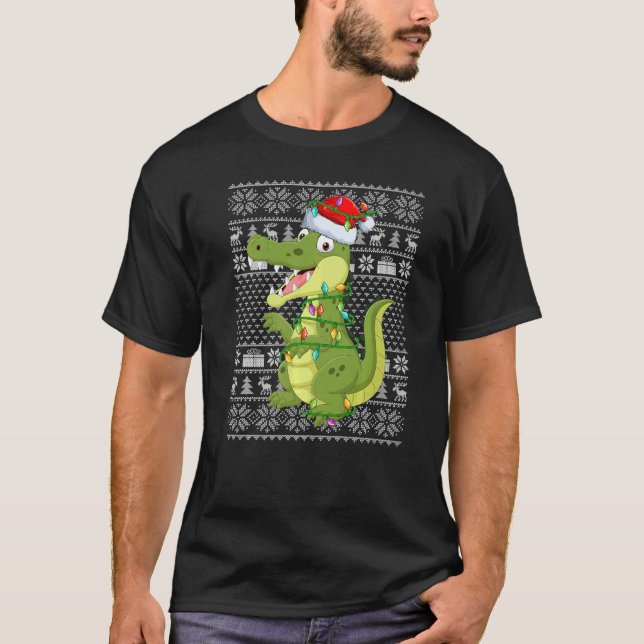 T-shirt Ugly Sweater Style Xmas Lights Santa Alligator Chr (Devant)