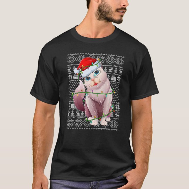 T-shirt Ugly Sweater Style Xmas Lights Santa Balinese Cat  (Devant)