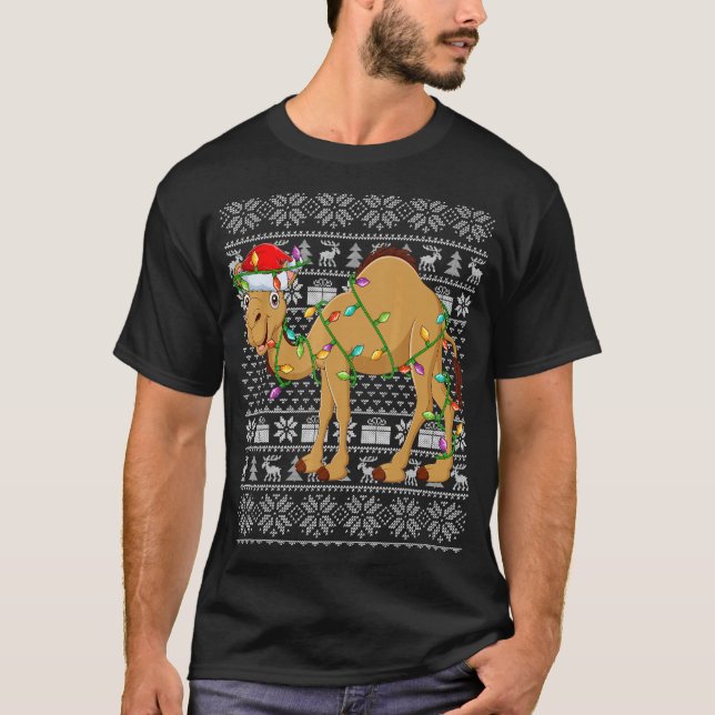 T-shirt Ugly Sweater Style Xmas Lights Santa Camel Christm (Devant)