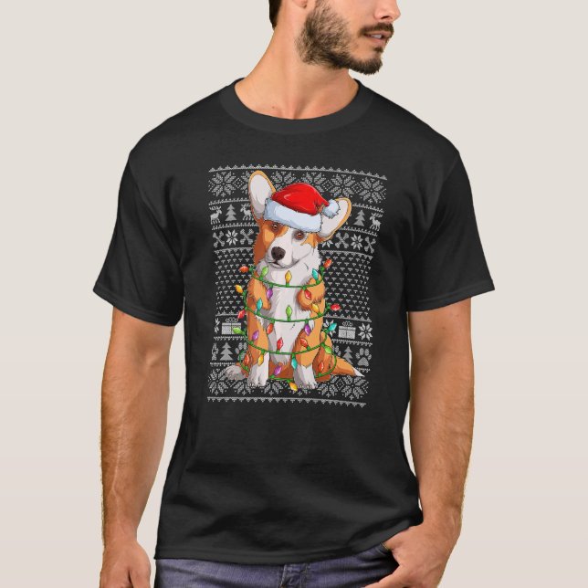 T-shirt Ugly Sweater Style Xmas Lights Santa Corgi Dog Chr (Devant)