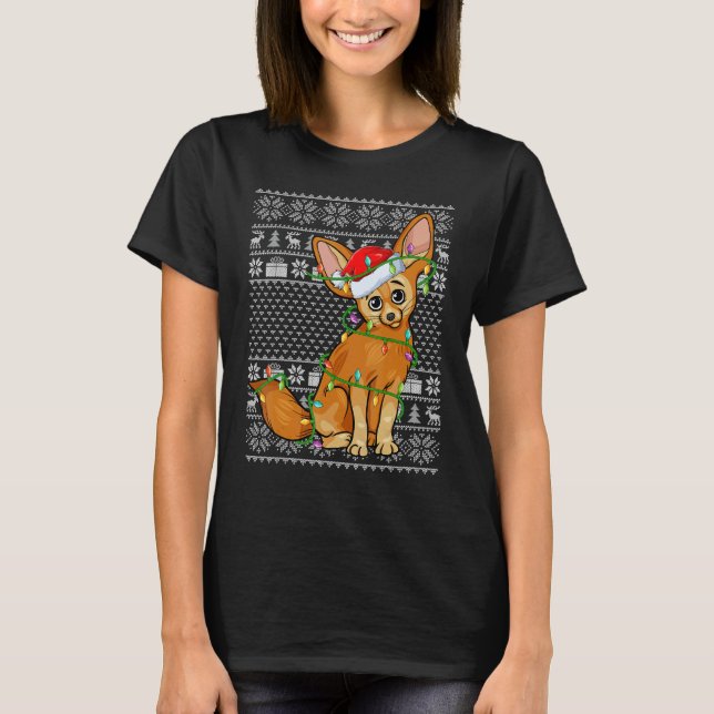 T-shirt Ugly Sweater Style Xmas Lights Santa Fennec Fox Ch (Devant)