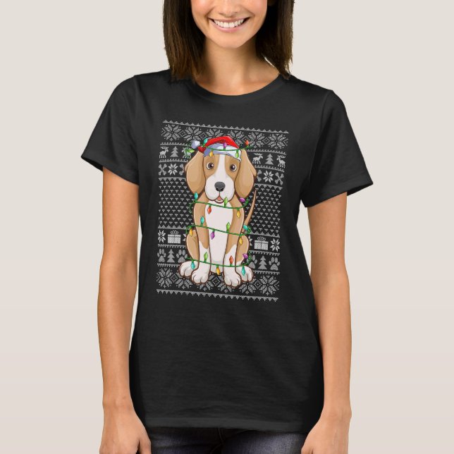 T-shirt Ugly Sweater Style Xmas Lights Santa Foxhound Dog  (Devant)