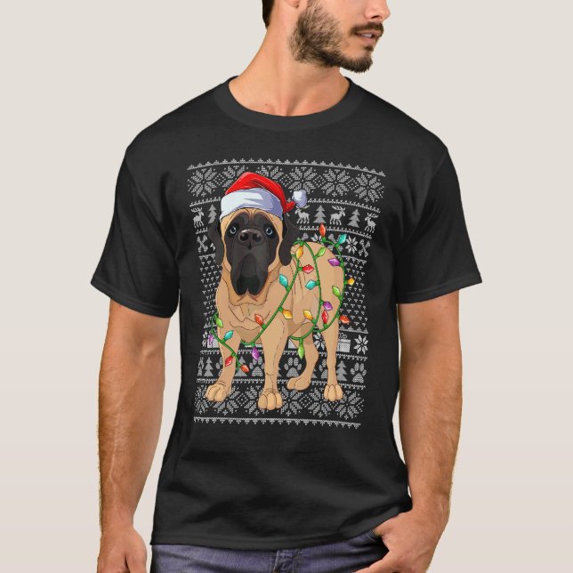 T-shirt Ugly Sweater Style Xmas Lights Santa Mastiff Dog C (Devant)