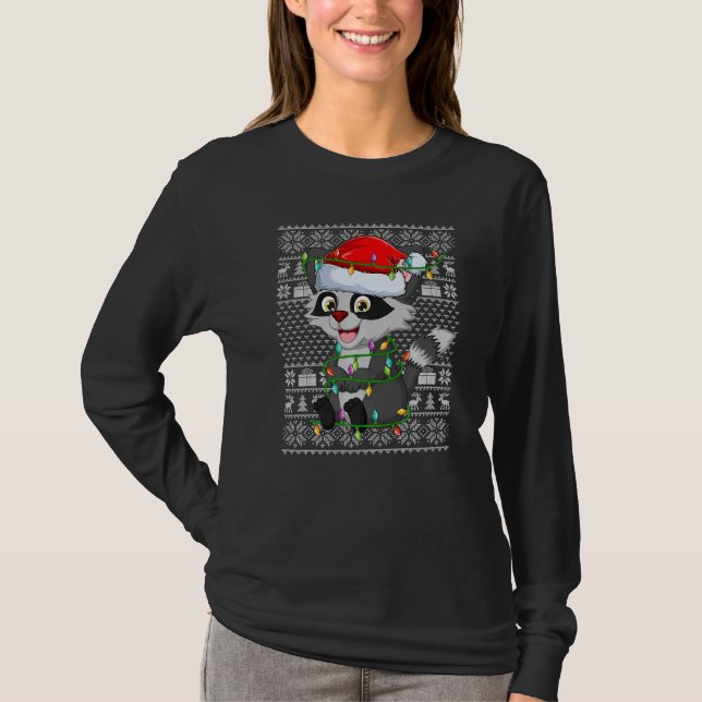 T-shirt Ugly Sweater Style Xmas Lights Santa Raccoon Chris (Devant)