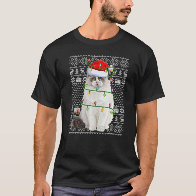 T-shirt Ugly Sweater Style Xmas Lights Santa Ragdoll Chris (Devant)