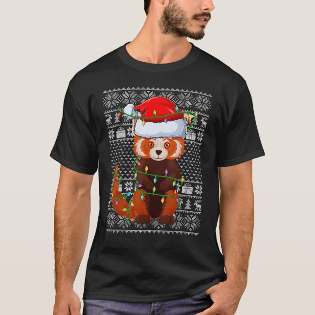 T-shirt Ugly Sweater Style Xmas Lights Santa Red Panda Chr (Devant)