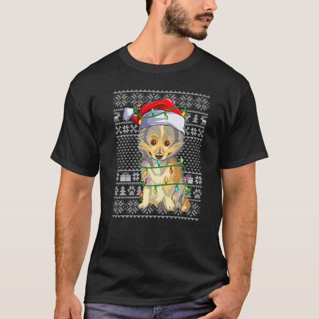 T-shirt Ugly Sweater Style Xmas Lights Santa Sheltie Dog C (Devant)