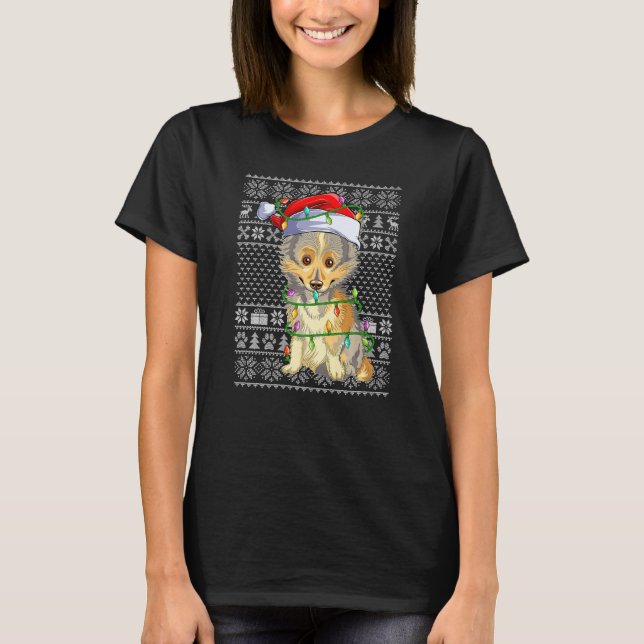 T-shirt Ugly Sweater Style Xmas Lights Santa Sheltie Dog C (Devant)